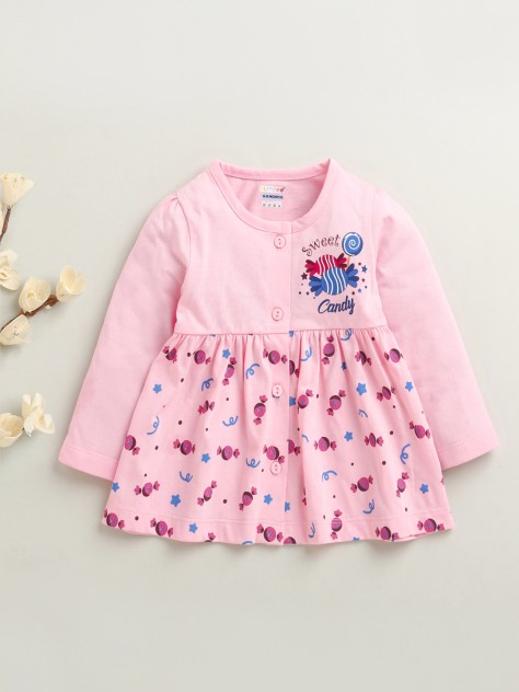 BUMZEE Pink Girls Full Sleeves Cotton Knee Length Frock