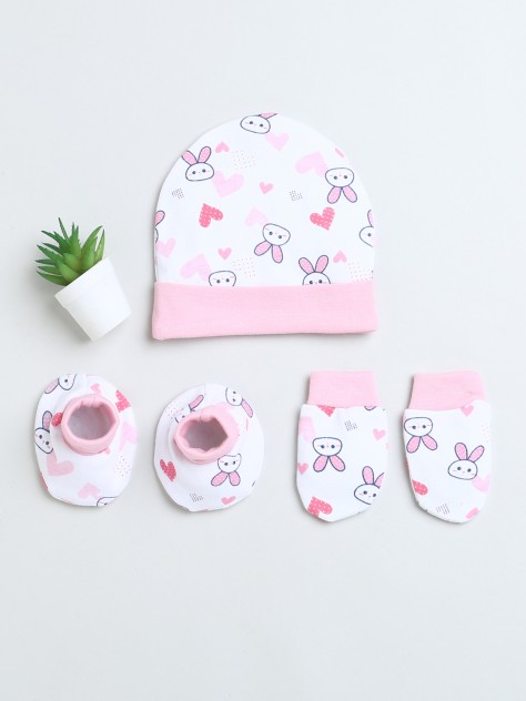 BUMZEE White & Pink Boys Cotton Cap Mitten Bootie Set