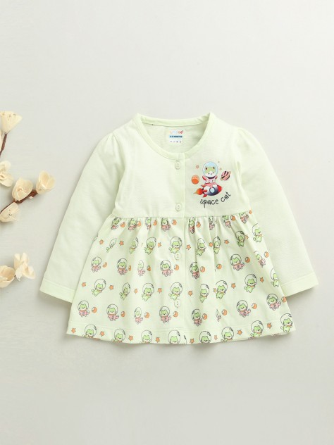BUMZEE Light Green Girls Full Sleeves Cotton Knee Length Frock