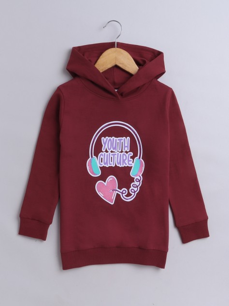 BUMZEE Red Girls  Full Sleeves Cotton Hooded Sweatshirt