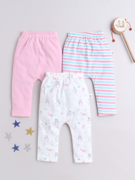 BUMZEE Baby Pink & White Baby Girls Diaper Pants - Leggings - Pyjamas Pack Of 3