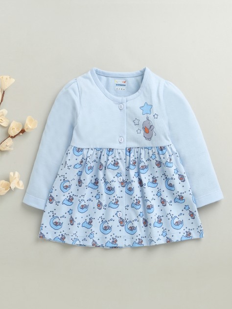 BUMZEE Sky Blue Girls Full Sleeves Cotton Knee Length Frock