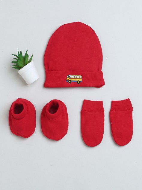 BUMZEE Red Girls Cotton Cap Mitten Bootie Set