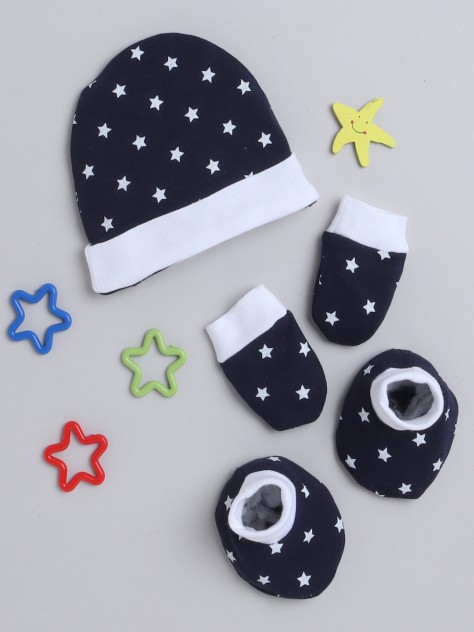 BUMZEE Navy & White Boys Cotton Cap Mitten Bootie Set