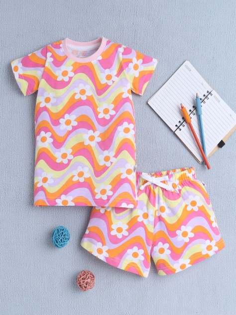 BUMZEE Multi Girls Half Sleeves T-Shirt & Short Set