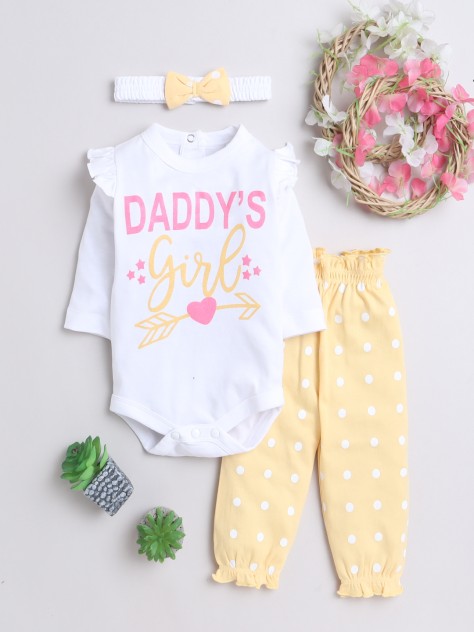 BUMZEE White & Yellow Girls Full Sleeves Cotton Bodysuit & Jogger Set With Headband