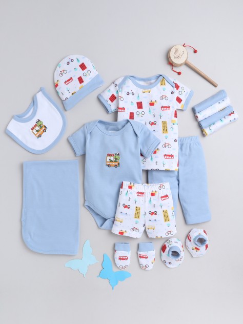 Bumzee Sky Blue & White Baby Boys Baby Gift Set Pack Of 13