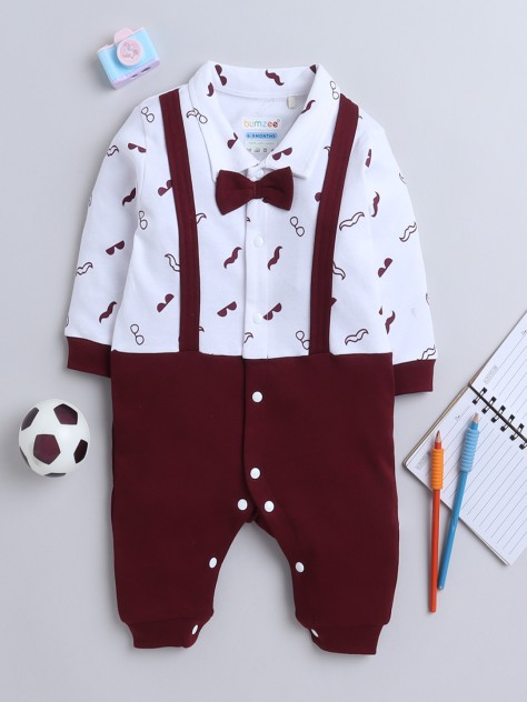 BUMZEE Maroon & White Boys Full Sleeves Formal Trendy Sleepsuit