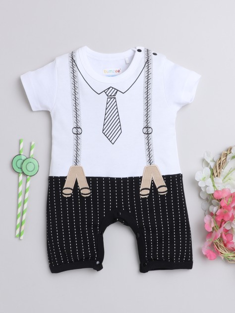 BUMZEE Black & White Boys Half Sleeves Thigh Length Romper