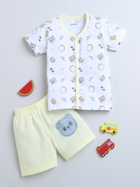 BUMZEE White & Yellow Baby Boys Half Sleeves Jabla & Short Set