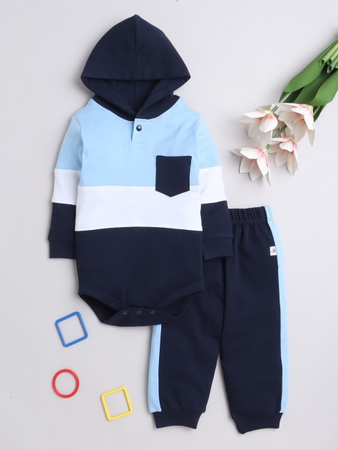 BUMZEE Navy & Multi Boys Full Sleeves Cotton Hooded Bodysuit & Jogger Set