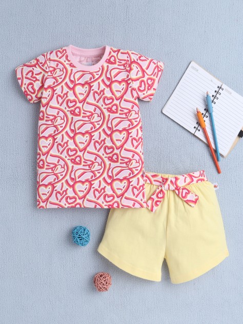 BUMZEE Pink & Yellow Girls Half Sleeves T-Shirt & Short Set