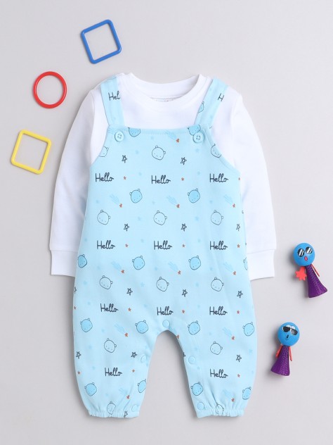 BUMZEE Sky Blue & White Baby Boys Full Sleeves Dungaree Set