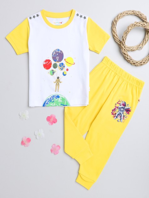 BUMZEE White & Yellow Boys Half Sleeves T-Shirt & Pyjama Set