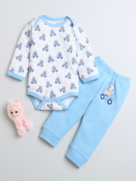 BUMZEE Blue & White Boys Full Sleeves Cotton Bodysuit & Pyjama Set