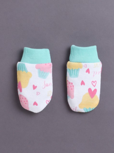 BUMZEE White & Mint Girls Cotton Cap Mitten Bootie Set