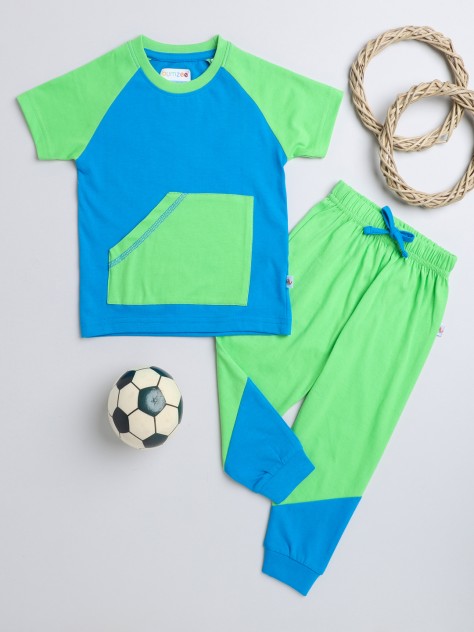 BUMZEE Green & Royal Blue Boys Half Sleeves T-Shirt & Pyjama Set