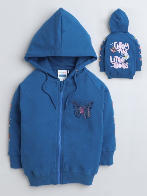 BUMZEE Blue Girls Full Sleeves Hooded Sweatshirt