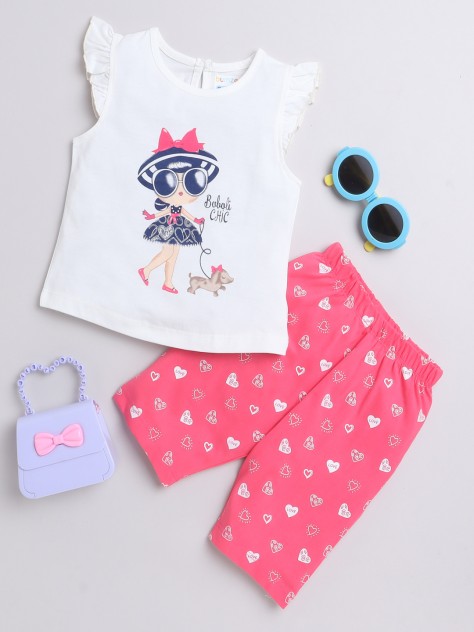 BUMZEE Off White & Pink Girls Sleeveless T-Shirt & Capri Set