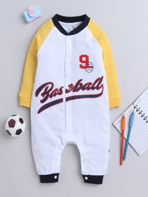 BUMZEE White & Yellow Boys Full Sleeves Trendy Sleepsuit With Hood