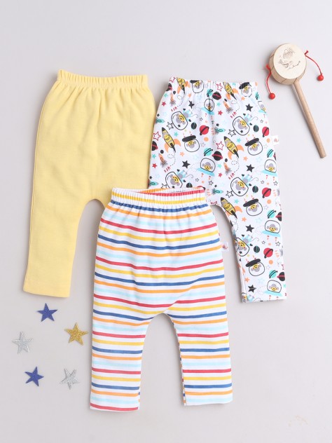 BUMZEE White & Yellow Baby Boys Diaper Pants - Leggings - Pyjamas Pack Of 3