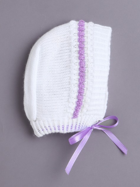 BUMZEE White & Lavender Baby Girls Full Sleeves Acrylic Blend Sweater With Cap & Socks