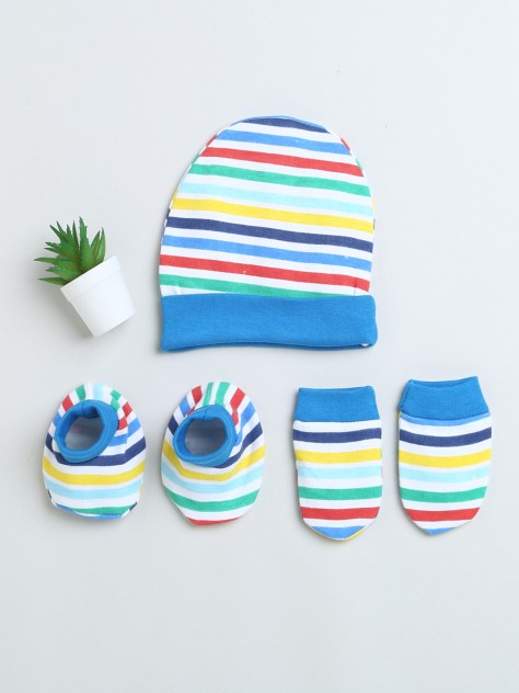 BUMZEE White & Blue Boys Cotton Cap Mitten Bootie Set