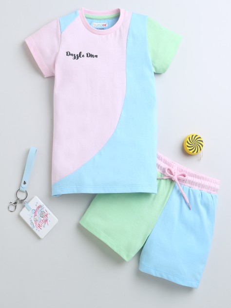 BUMZEE Sky Blue & Pink Girls Half Sleeves T-Shirt & Short Set