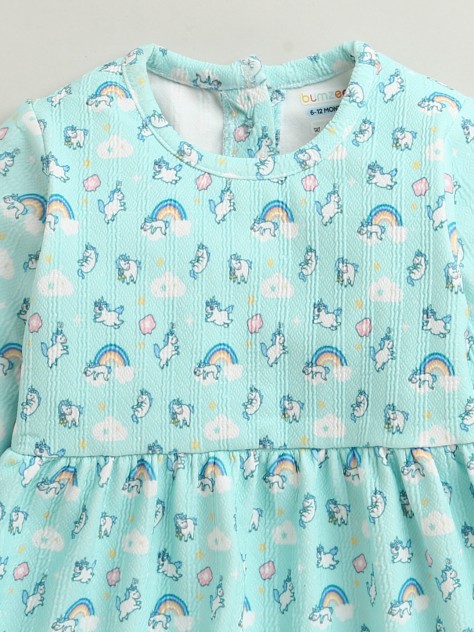 BUMZEE Aqua Blue Girls Full Sleeves Poly Blend Frock Dress