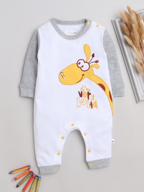 BUMZEE White & Grey Boys Full Sleeves Fashion Trendy Sleepsuit