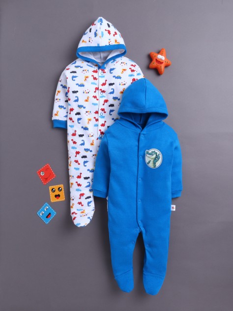 BUMZEE Royal Blue & White Baby Boys Full Sleeves Hooded Sleepsuit Pack Of 2