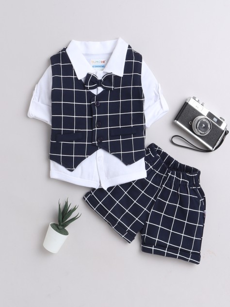 BUMZEE White & Navy Boys Full Sleeves Shirt Waistcoat & Short Set With Applique Bow