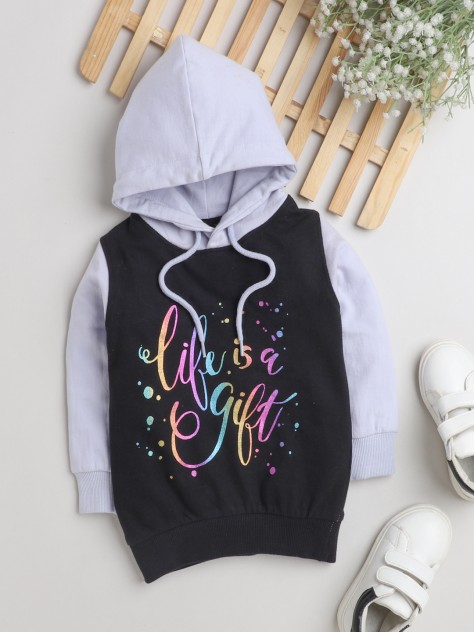 BUMZEE Black & Lavender Girls Full Sleeves Hooded Sweatshirt