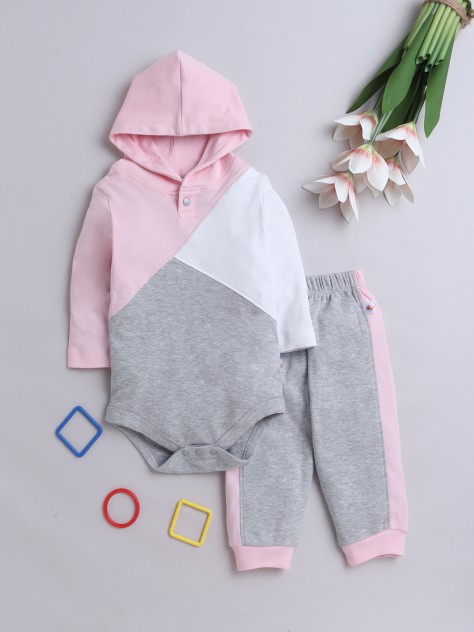 BUMZEE Grey Melange Girls Full Sleeves Cotton Hooded Bodysuit & Jogger Set