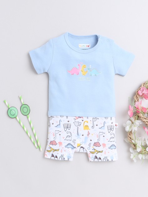 BUMZEE Sky Blue & White Boys Half Sleeves Thigh Length Romper