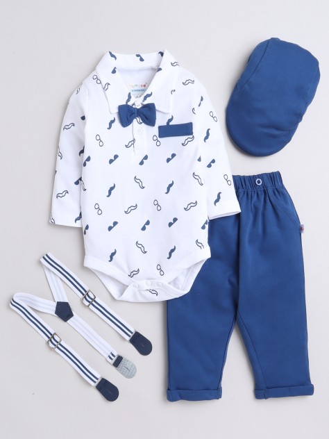 BUMZEE Royal Blue & White Boys Full Sleeves Cotton Bodysuit Pant Set With Suspender & Cap