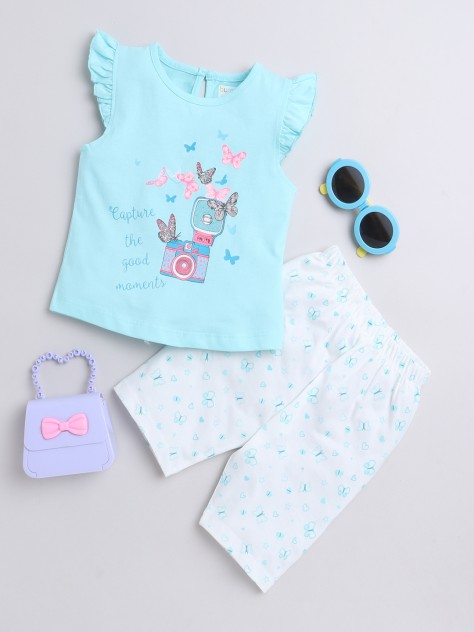 BUMZEE Aqua Green & White Girls Sleeveless T-Shirt & Capri Set