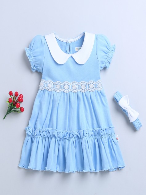 BUMZEE Sky Blue Girls Half Sleeves Cotton Frock With Headband