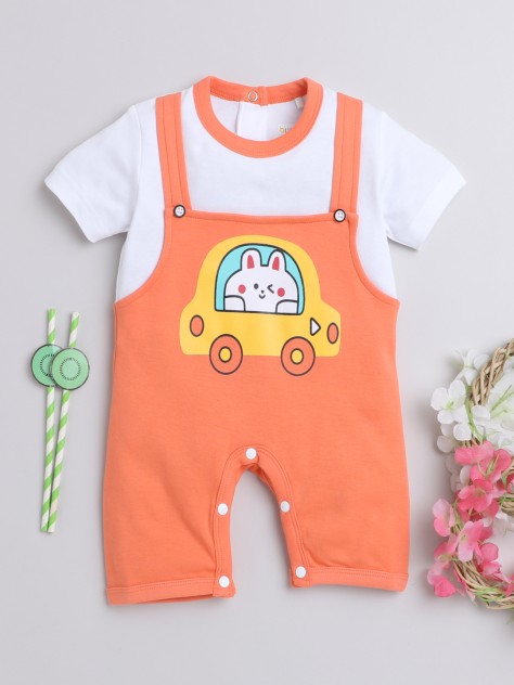 BUMZEE Orange & White Boys Half Sleeves Thigh Length Romper