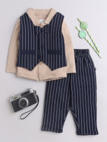 BUMZEE Beige & Navy Boys Full Sleeves Shirt Waistcoat & Pant Set With Applique Bow