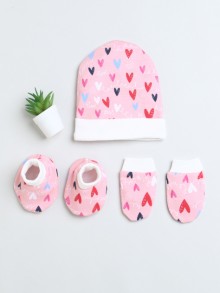 BUMZEE Pink & White Girls Cotton Cap Mitten Bootie Set