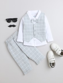 BUMZEE Grey & White Boys Full Sleeves Shirt Waistcoat & Pant Set With Applique Bow