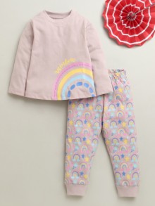 BUMZEE Dusty Pink Girls Full Sleeves Cotton T-Shirt & Pyjama Set