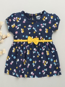 BUMZEE Navy Girls Cap Sleeves Cotton Knee Length Frock