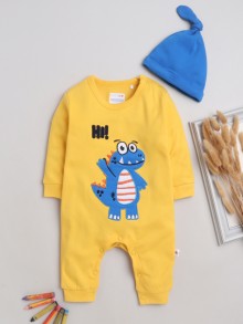 BUMZEE Yellow Boys Full Sleeves Fashion Trendy Sleepsuit With Cap