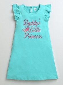 BUMZEE Turquoise Green Girls Frill Sleeves Cotton Nighty