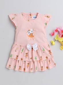 BUMZEE Peach Girls Cap Sleeves Cotton Frock