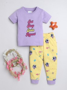 BUMZEE Lavender & Yellow Girls Half Sleeves T-Shirt & Pyjama Set