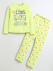 BUMZEE Lime Green Girls Full Sleeves Cotton T-Shirt & Pyjama Set