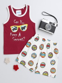 BUMZEE Maroon & Beige Boys Sleeveless T-Shirt & Short Set